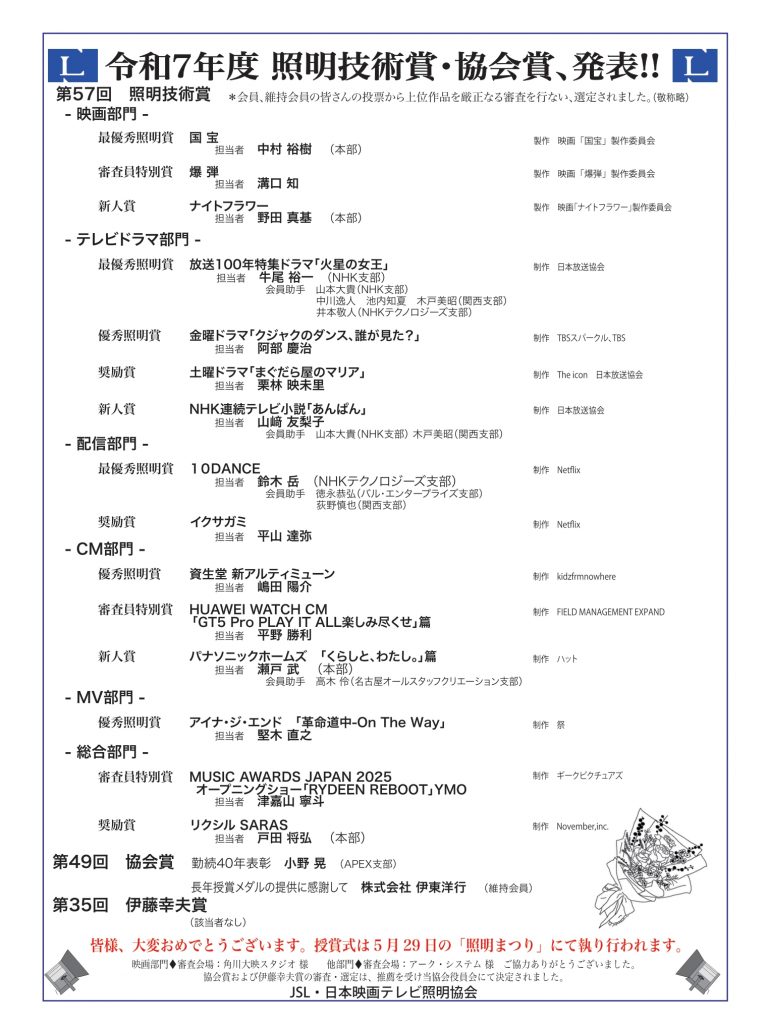 令和7年度 照明技術賞・協会賞 発表 | 日本映画テレビ照明協会